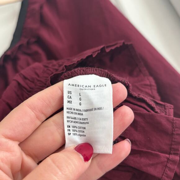 American Eagle Long-Sleeve Ruched Poplin Blouse Red Sz L Prarie Vamp Milkmaid - Picture 8 of 12